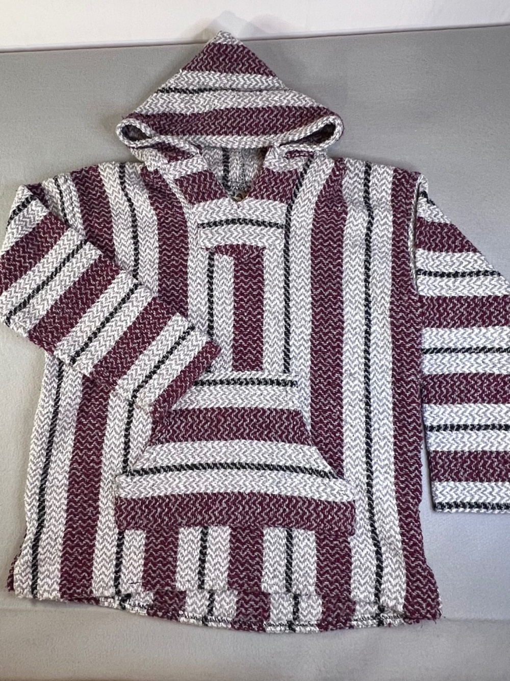 1990's Baja Joe By Earth Rag Hoodie. Burgundy and Gray White Stipes. Large